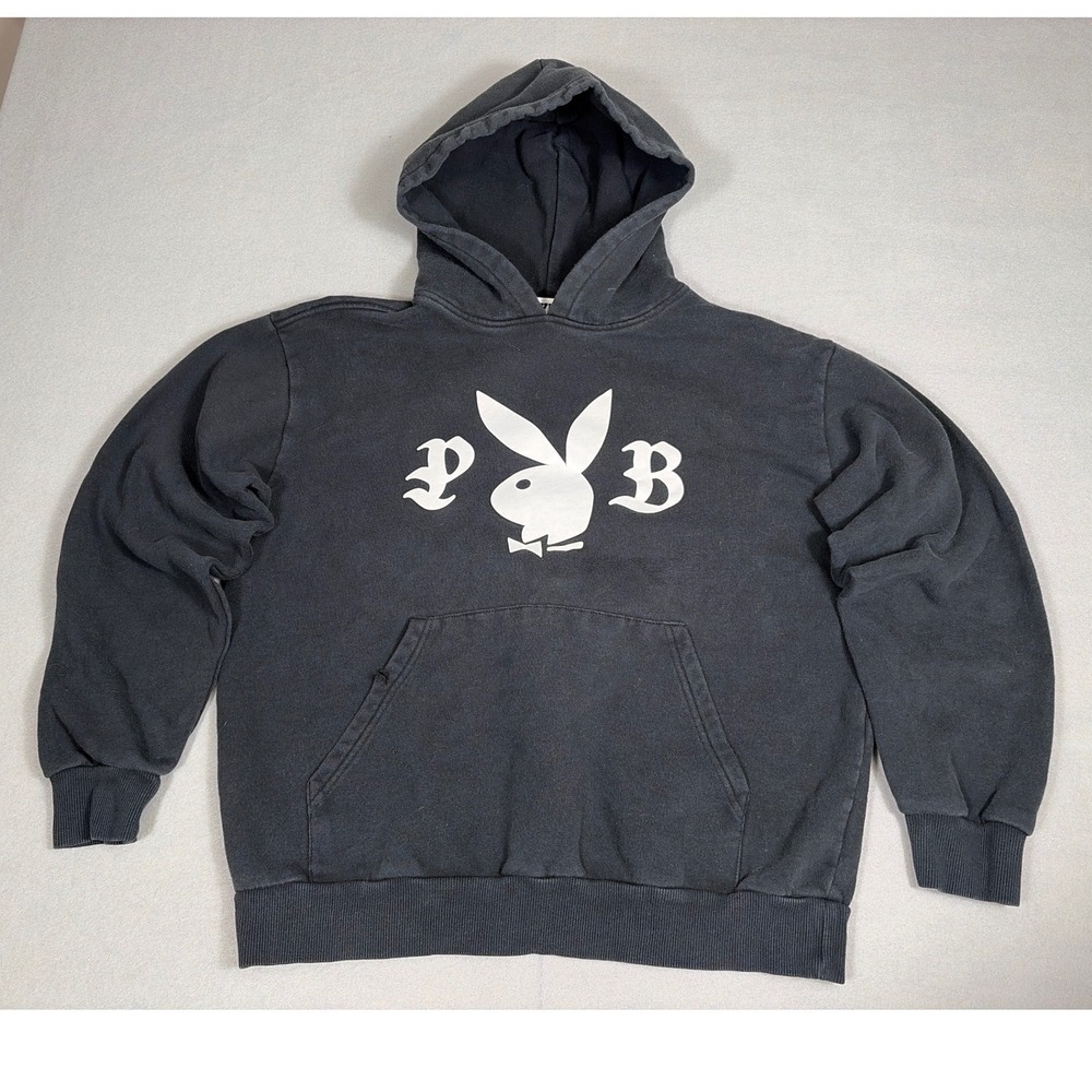 Playboy by PacSun Hoodie Mens Black Old English Graphic Pullover Sweatshirt 0519